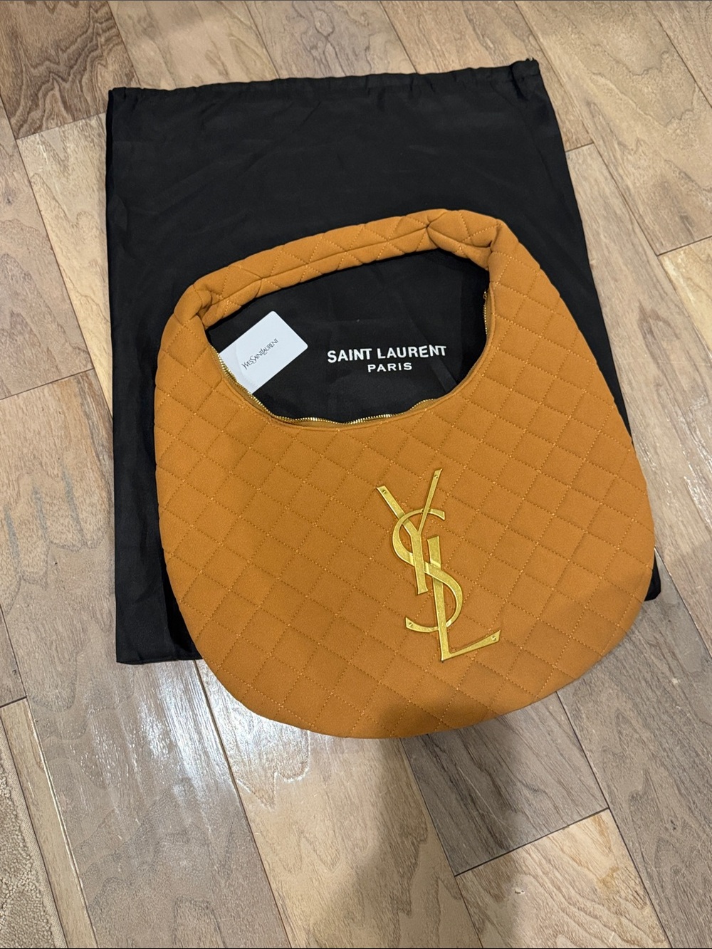 YSL ICARE hobo in quilted suede in Caramel Cognac with Gold YSL